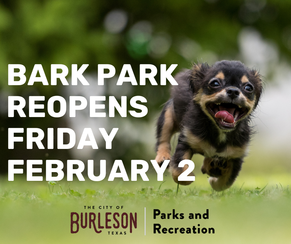 picture of dog running through field with the text BARK PARK REOPENS FRIDAY FEBRUARY 2 