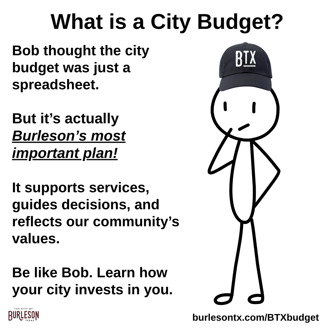 an image of a stick figure with text that explains the budget is the city's most important plan
