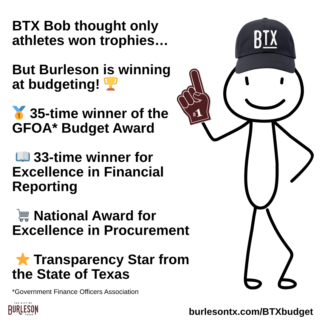 a graphic of the a stick figure that lists the awards Burleson has won for budgeting
