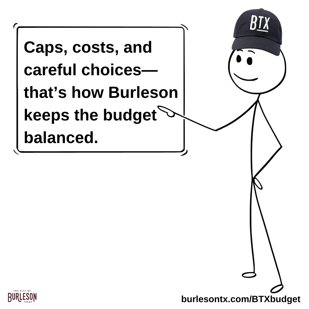 a graphic with text that reads Caps, costs, and careful choices—that’s how Burleson keeps the budget