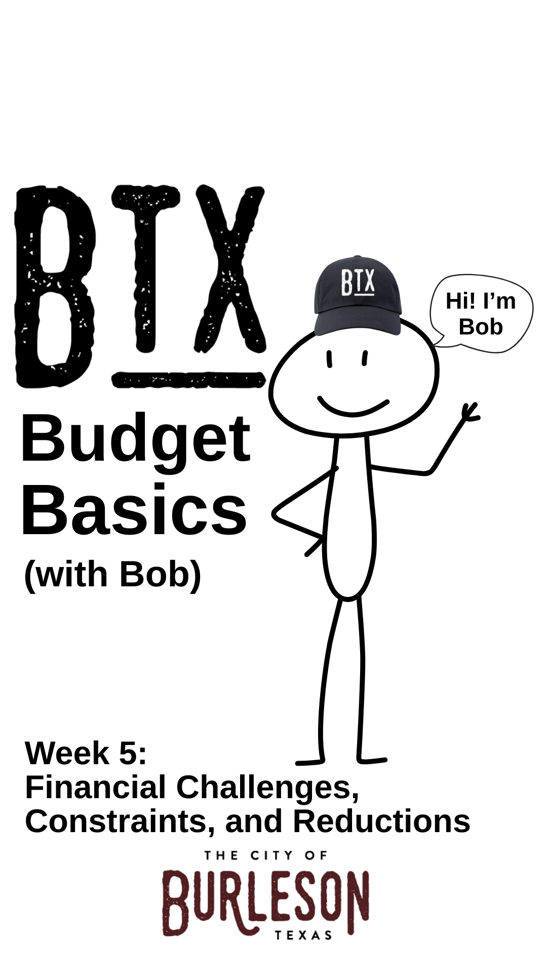 a graphic that reads BTX Budget Basics, Week 5 financial challenges, constraints, and reductions