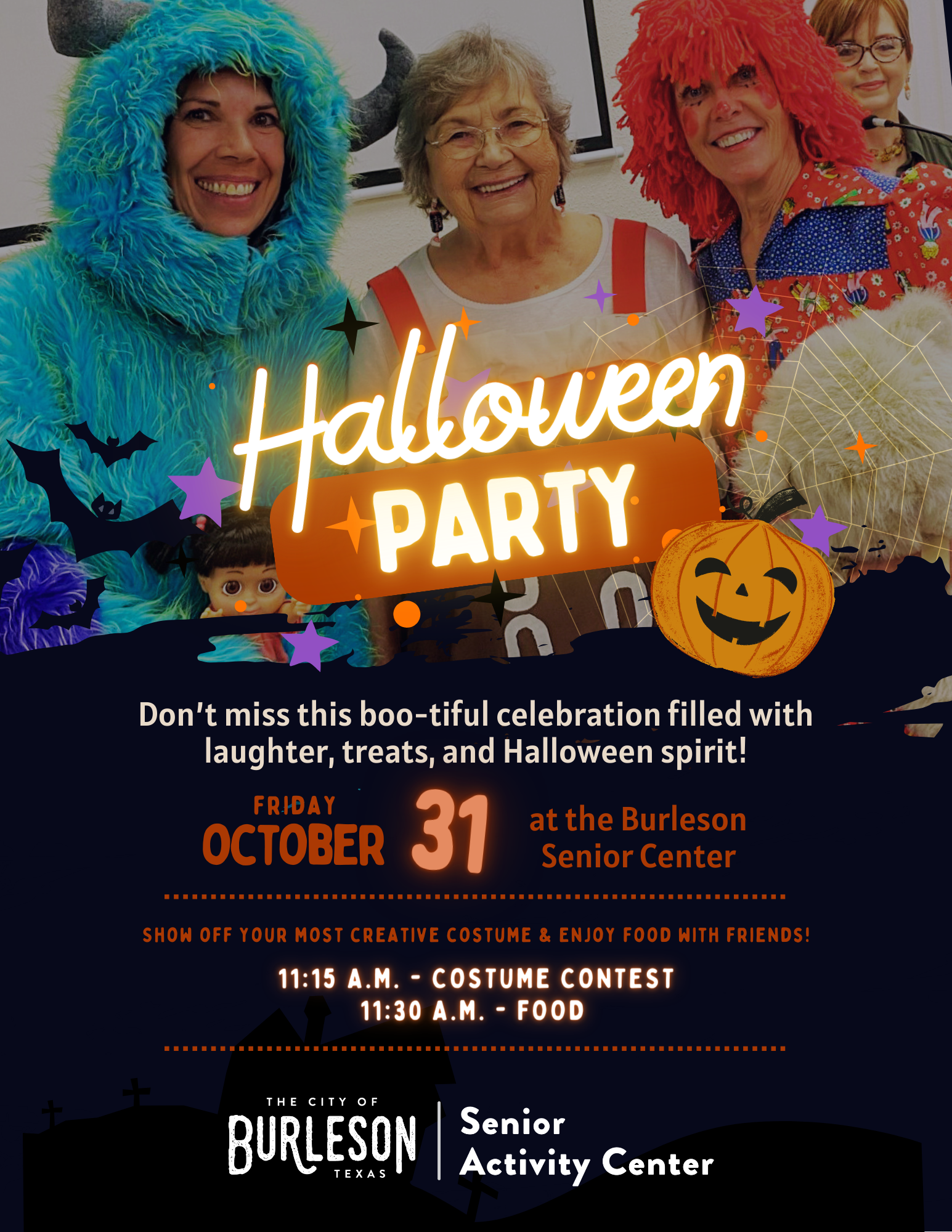 Flyer promoting the Senior Center Halloween Party on October 31 at 11:15 a.m.