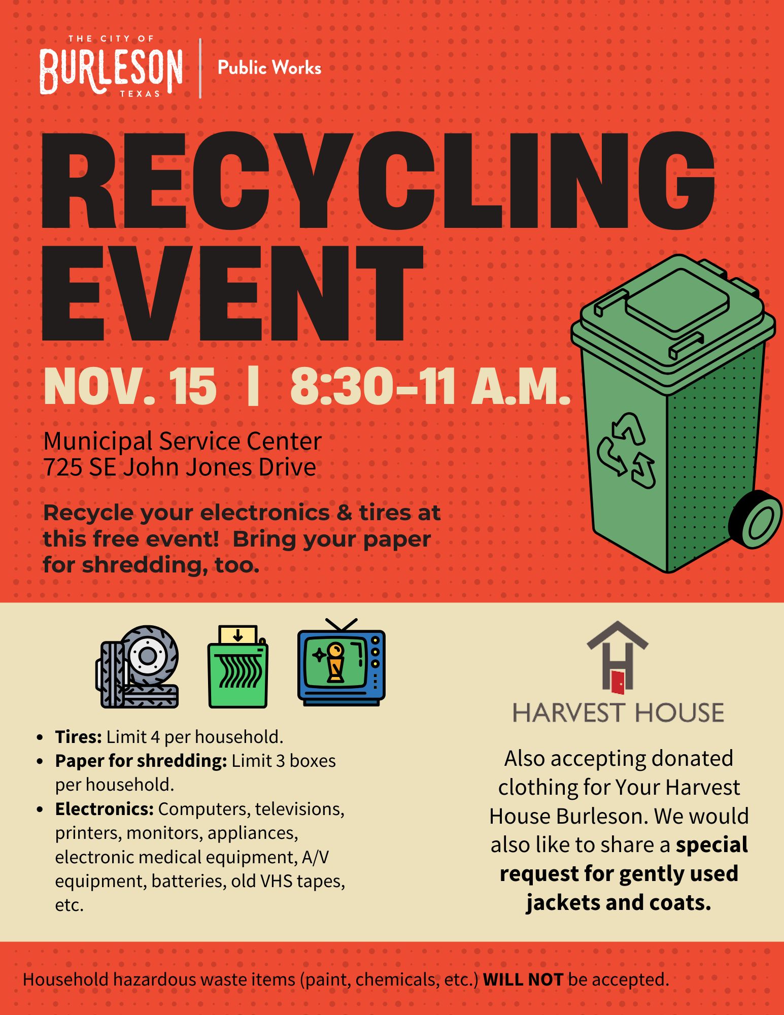Flyer promoting the Recycling Event on November 15 at 8:30 a.m.