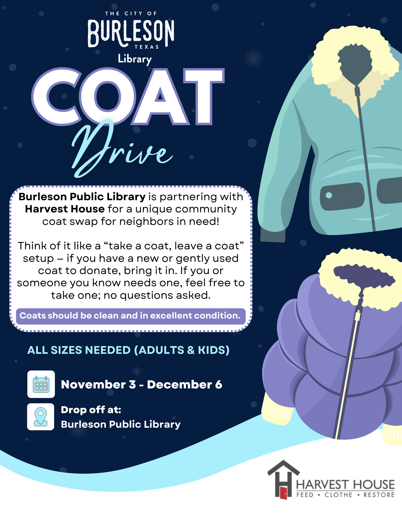 Flyer promoting a coat drive at the library from November 3 - December 6