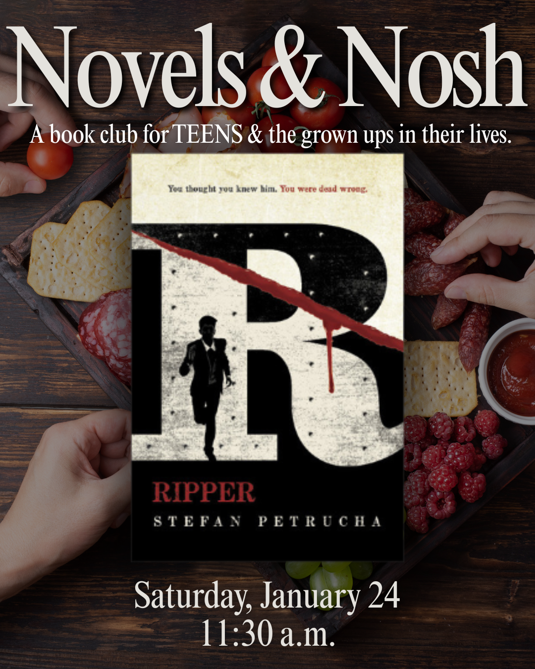 Novels and Nosh event flyer at the Burleson Public Library on January 24 at 11:30 a.m.