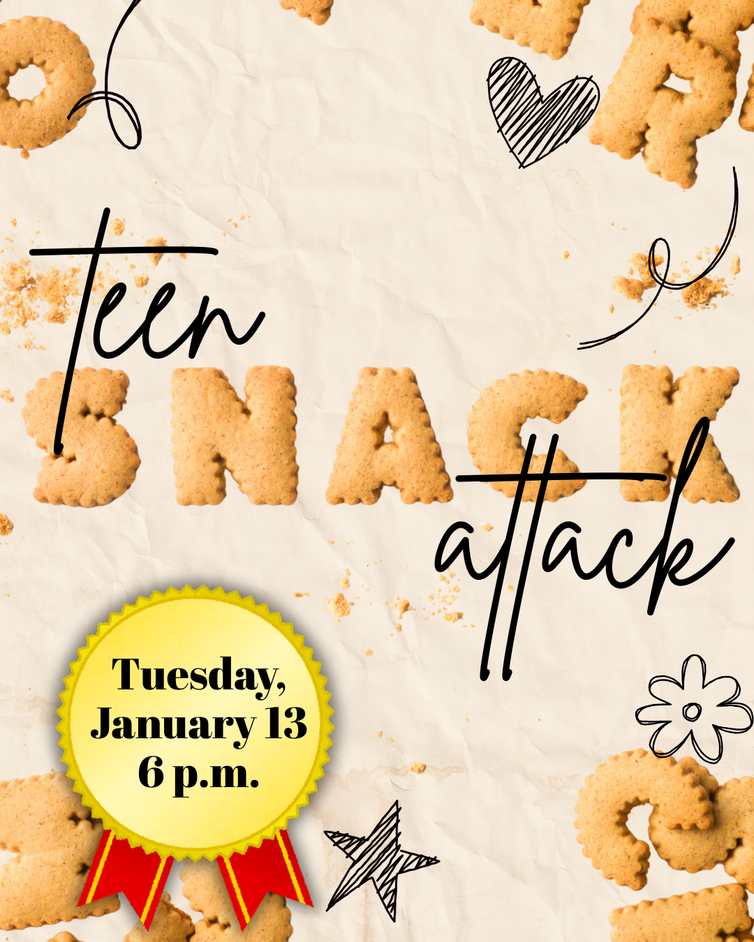 Snack Attack event flyer at the Burleson Public Library on January 13 at 6 p.m.