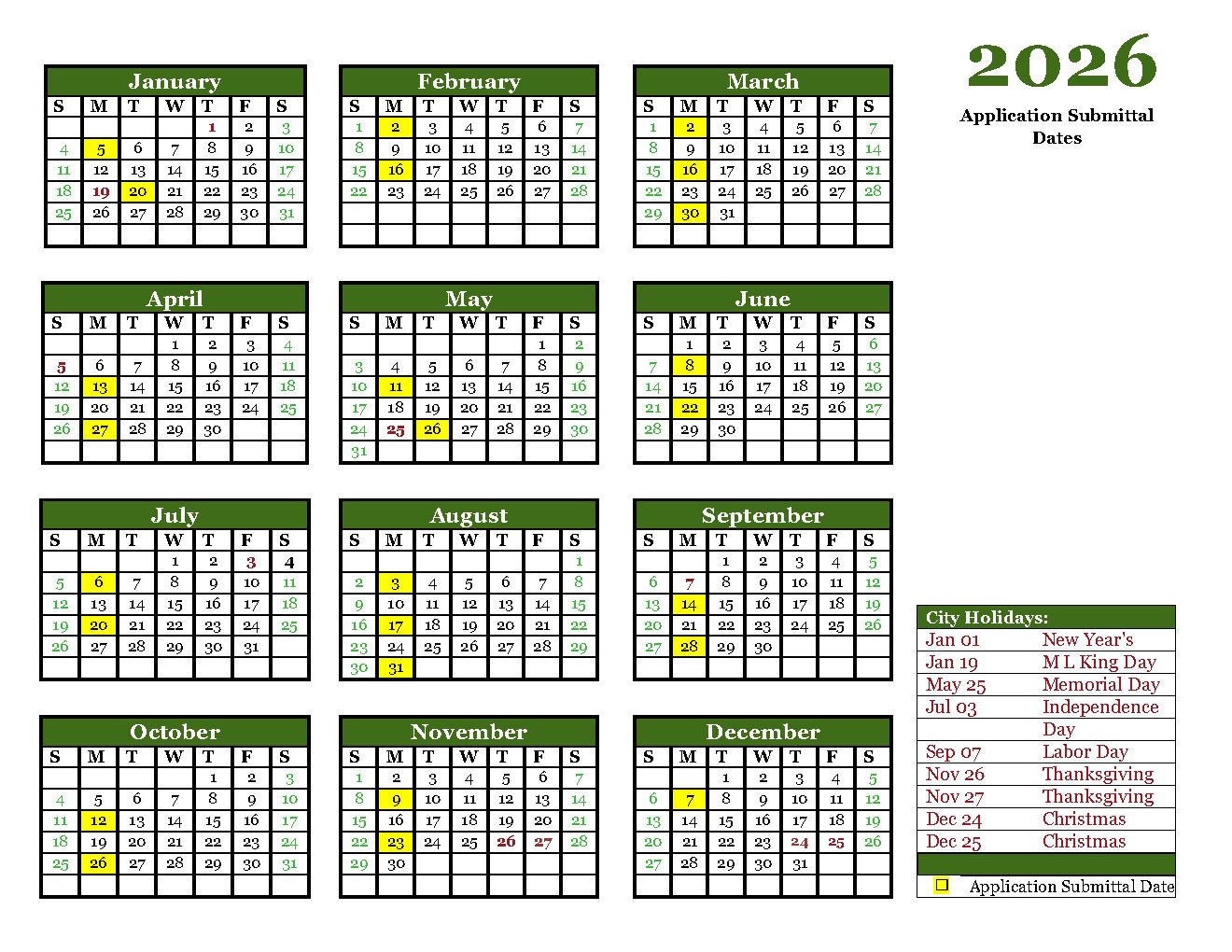 2026 Submittal Calendar 