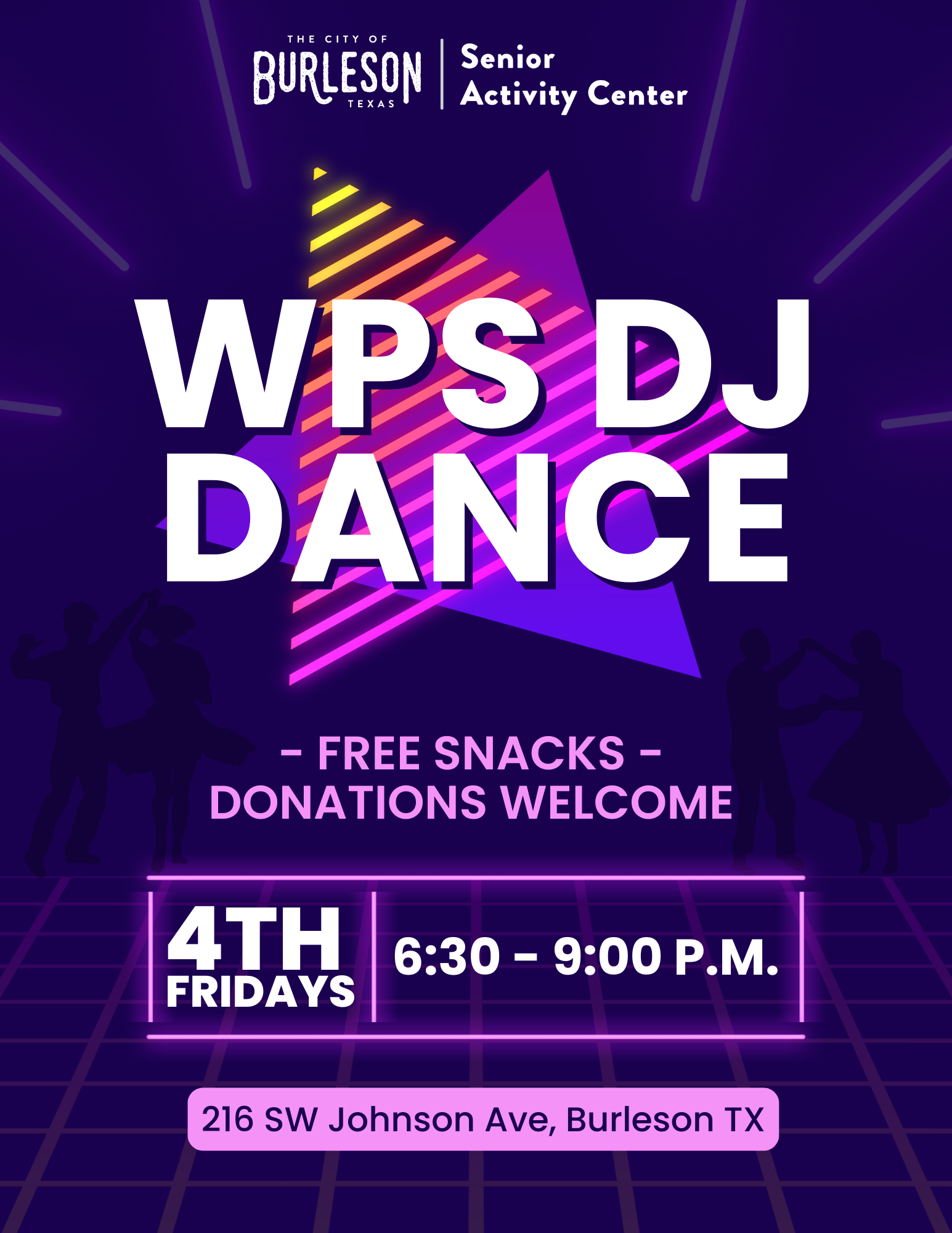 flyer advertising 4th Friday WPS DJ Dance at the Burleson Senior Center 6:30 - 9 p.m.