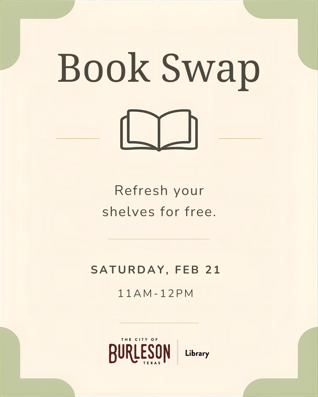 Flyer for Book Swap on February 21, 11 AM
