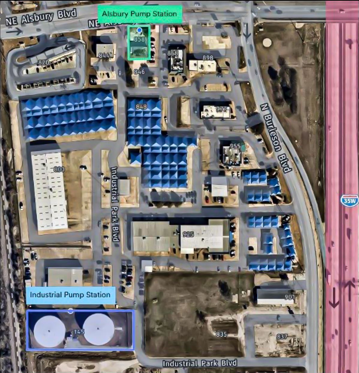 Map showing Industrial Park Blvd and Alsbury Blvd Pump Station locations