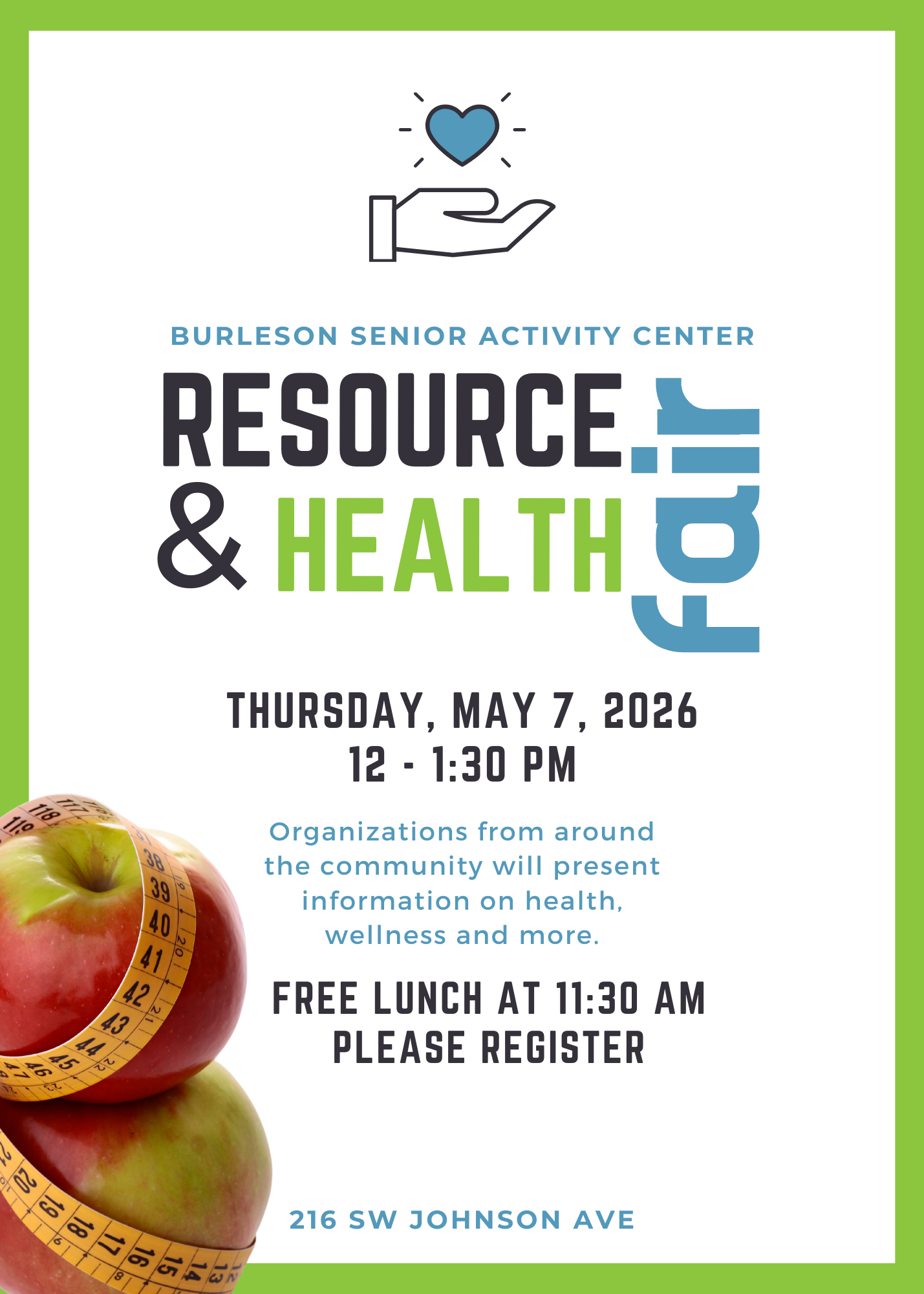 Flyer advertising Resource and Health Fair on May 7 starting at 11:30 a.m.