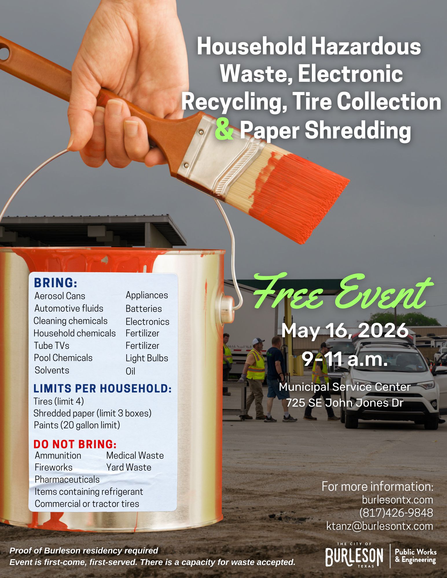 Flyer advertising Household Hazardous Waste event on May 16 starting at 9 a.m.