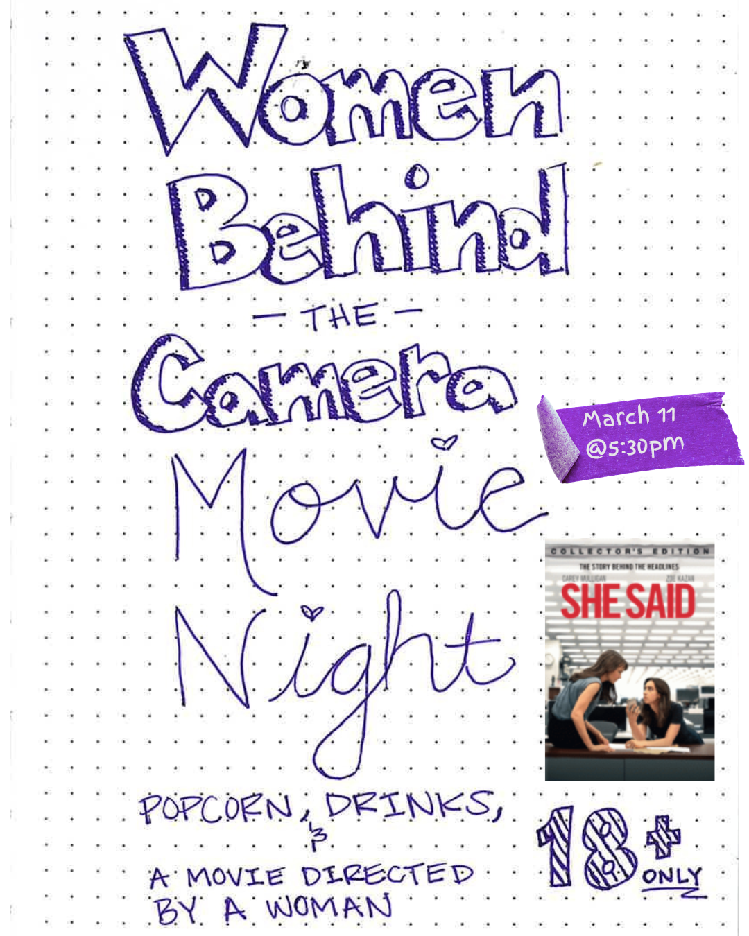Women Behind the Camera flyer for event at Burleson Public Library on March 11 at 5:30 pm.