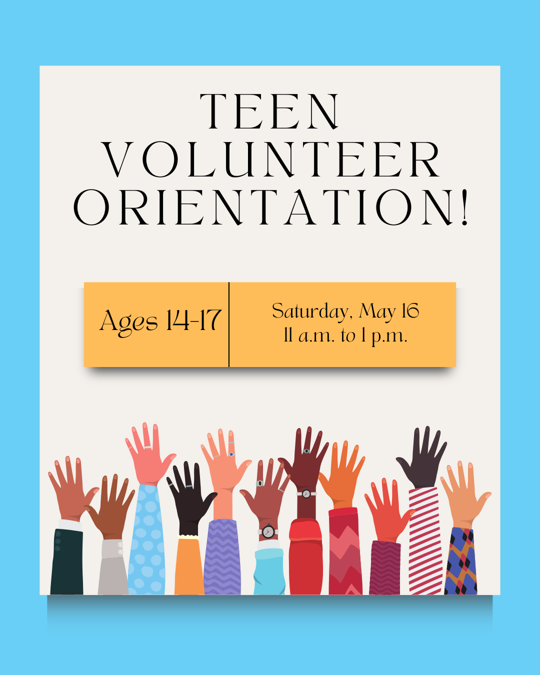 Teen volunteer orientation flyer for event on May 16 at 11 a.m. at the Burleson Public Library