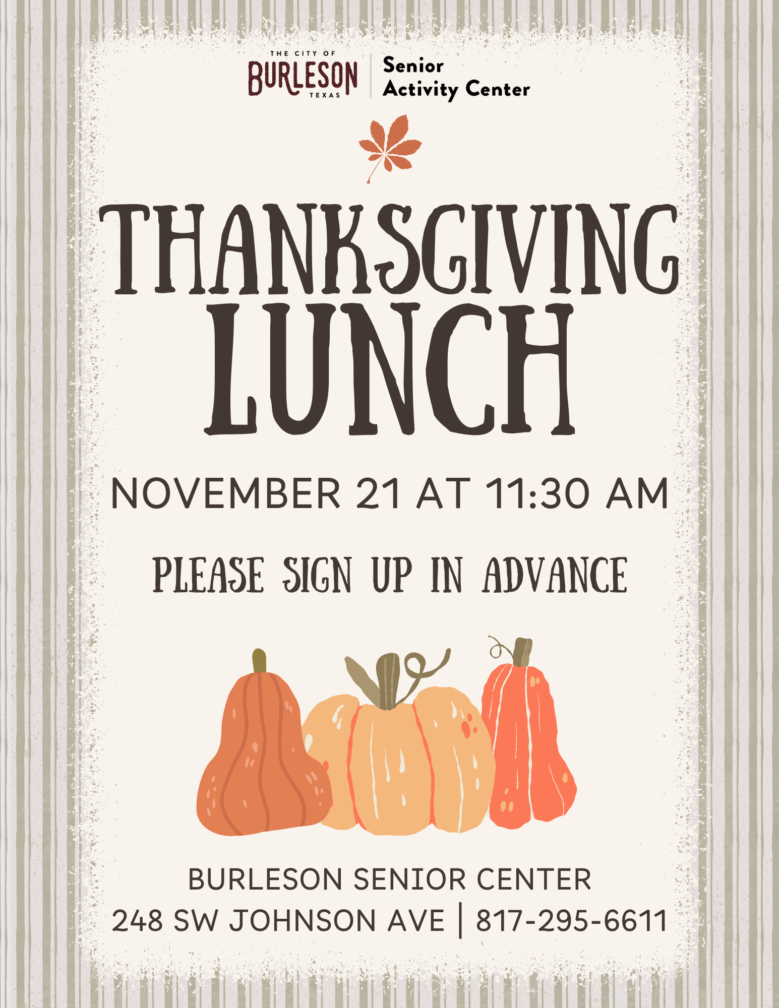 Flyer promoting Thanksgiving Lunch at the Senior Center on November 21 at 11:30 a.m.