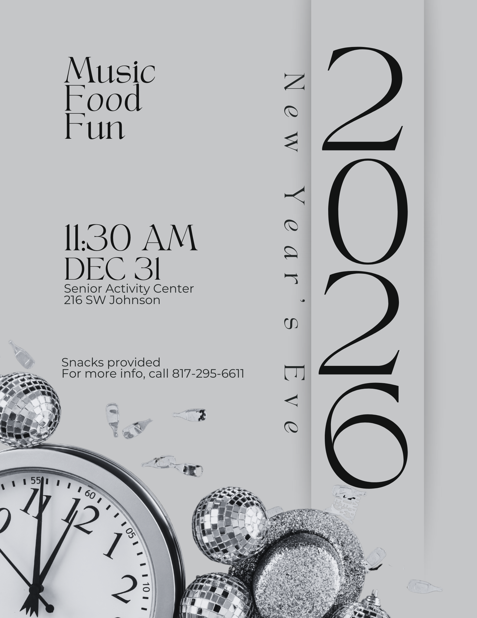 Flyer advertising a New Year's Eve Celebration at the Senior Center on December 31 at 11:30 a.m.